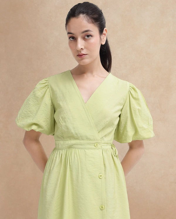 Rareism Women Stewart Light Green Button Closure Balloon Sleeve Over Lap Neck Fit And Flare Plain Maxi Dress