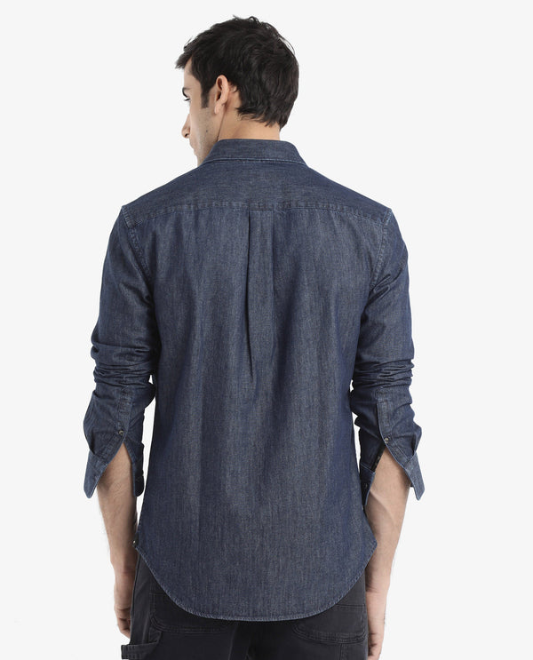 Rare Rabbit Men's Storm Dark Blue Cotton Fabric Full Sleeve Regular Fit Plain Denim Shirt