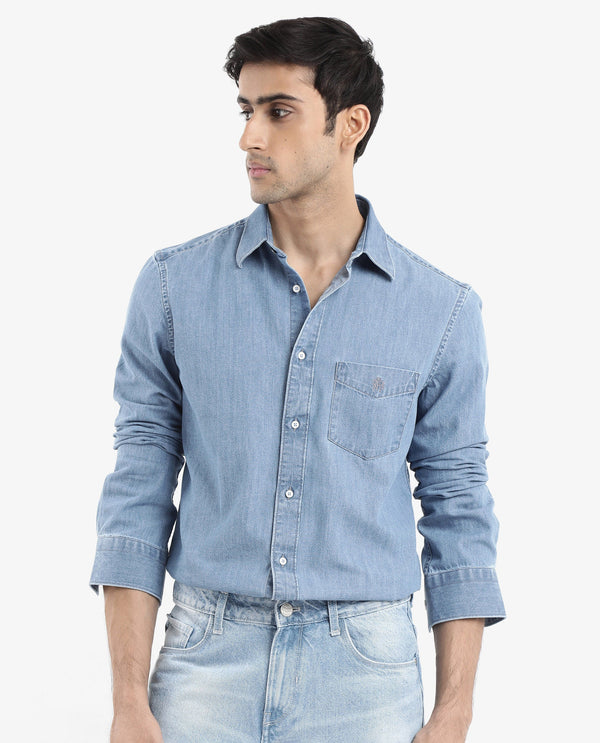 Rare Rabbit Men's Storm Light Blue Cotton Fabric Full Sleeve Regular Fit Plain Denim Shirt