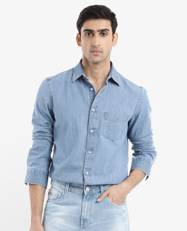 Rare Rabbit Men's Storm Light Blue Cotton Fabric Full Sleeve Regular Fit Plain Denim Shirt