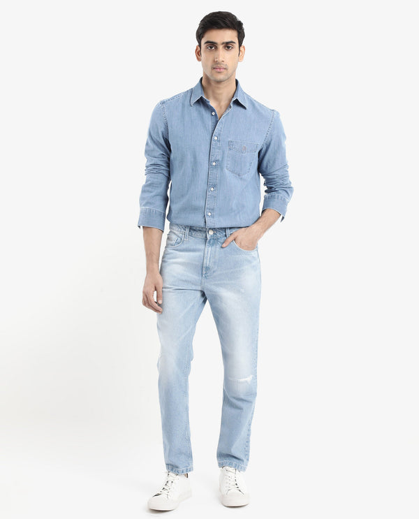Rare Rabbit Men's Storm Light Blue Cotton Fabric Full Sleeve Regular Fit Plain Denim Shirt