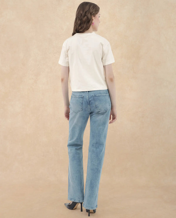 Rareism Women Strankle Off White Cotton Elastane Fabric Crew Neck Knit Solid T-Shirt