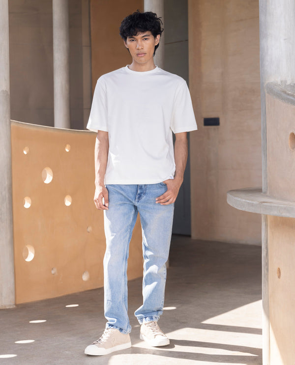 Rare Rabbit Men's Qlo Off White Cotton Polyester Fabric Short Sleeve Crew Neck Oversized Fit Solid T-Shirt