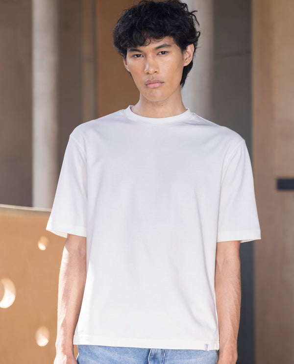 Rare Rabbit Men's Qlo Off White Cotton Polyester Fabric Short Sleeve Crew Neck Oversized Fit Solid T-Shirt