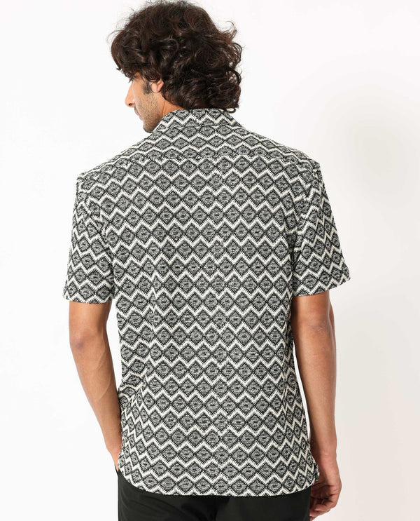 Rare Rabbit Men's Stretch Black Cotton Polyester Fabric Cuban Collar Half Sleeves Geometric Knitted Shirt
