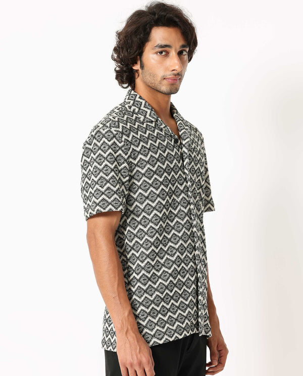 Rare Rabbit Men's Stretch Black Cotton Polyester Fabric Cuban Collar Half Sleeves Geometric Knitted Shirt