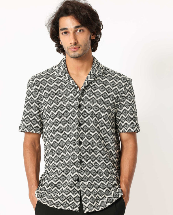 Rare Rabbit Men's Stretch Black Cotton Polyester Fabric Cuban Collar Half Sleeves Geometric Knitted Shirt