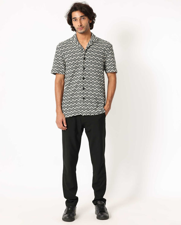 Rare Rabbit Men's Stretch Black Cotton Polyester Fabric Cuban Collar Half Sleeves Geometric Knitted Shirt