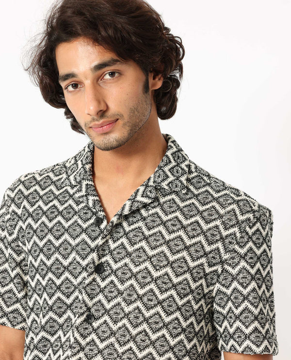 Rare Rabbit Men's Stretch Black Cotton Polyester Fabric Cuban Collar Half Sleeves Geometric Knitted Shirt