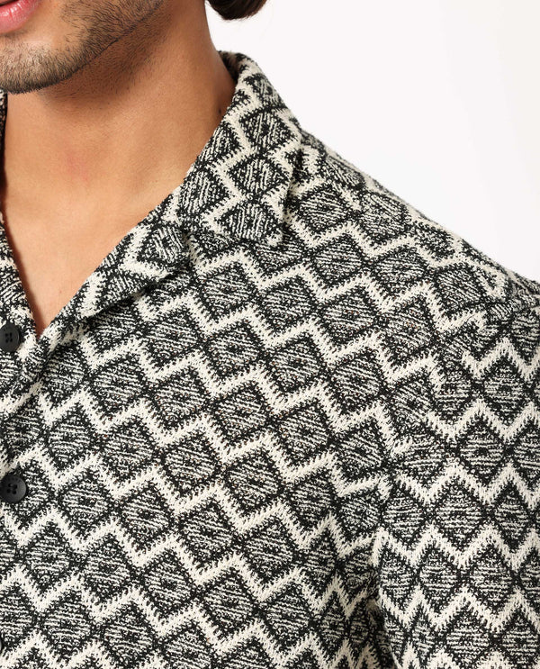 Rare Rabbit Men's Stretch Black Cotton Polyester Fabric Cuban Collar Half Sleeves Geometric Knitted Shirt