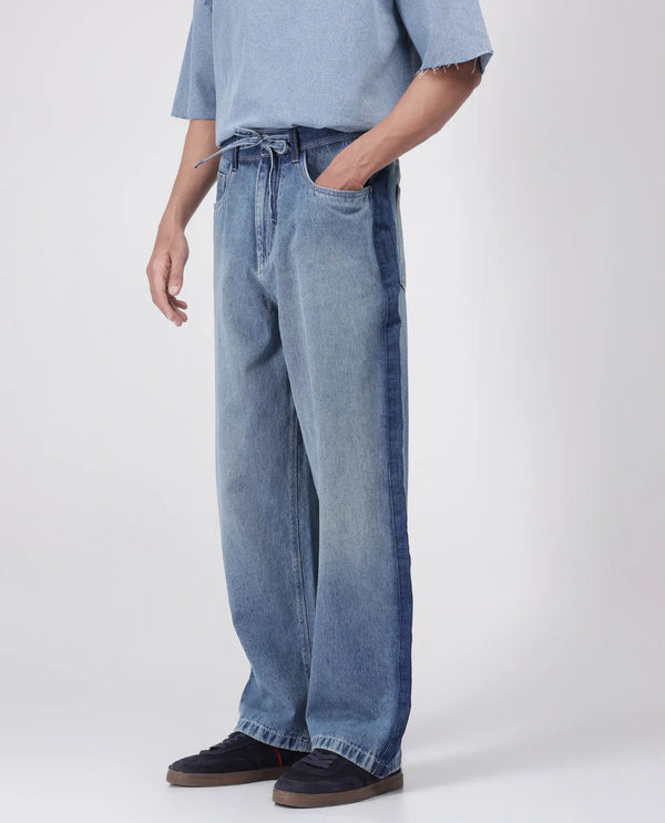 Rare Rabbit Men's Strito Light Blue Cotton Fabric Button And Zip Closure Baggy Loose Fit Plain Jeans