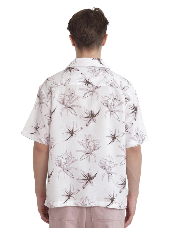 Rare Rabbit Men's Strup White Cotton Fabric Short Sleeve Cuban Collared Button Closure Floral Printed Shirt