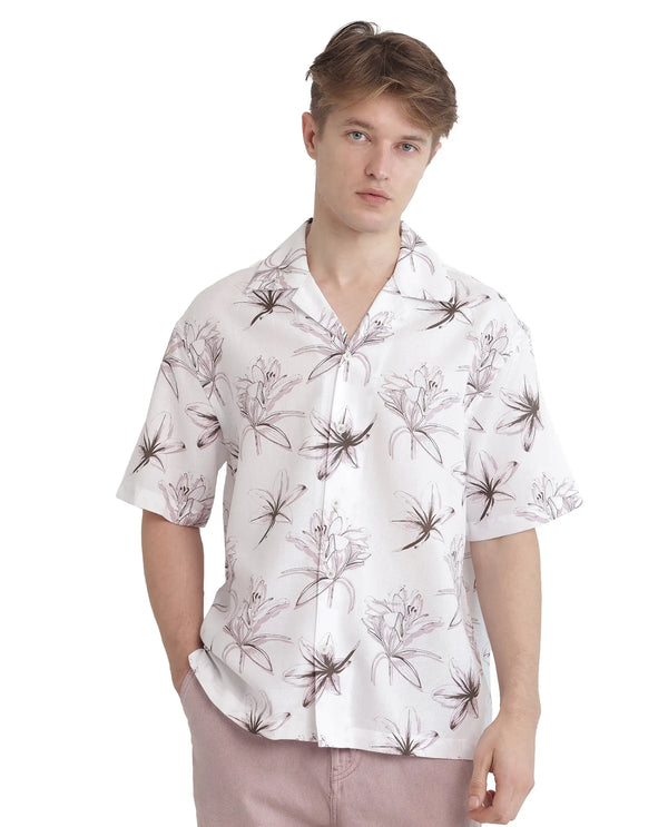 Rare Rabbit Men's Strup White Cotton Fabric Short Sleeve Cuban Collared Button Closure Floral Printed Shirt