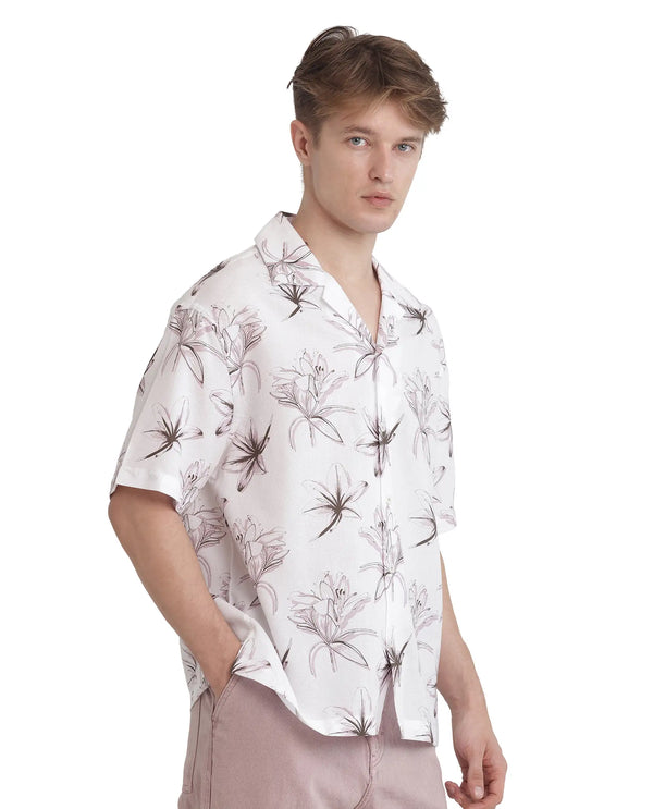 Rare Rabbit Men's Strup White Cotton Fabric Short Sleeve Cuban Collared Button Closure Floral Printed Shirt