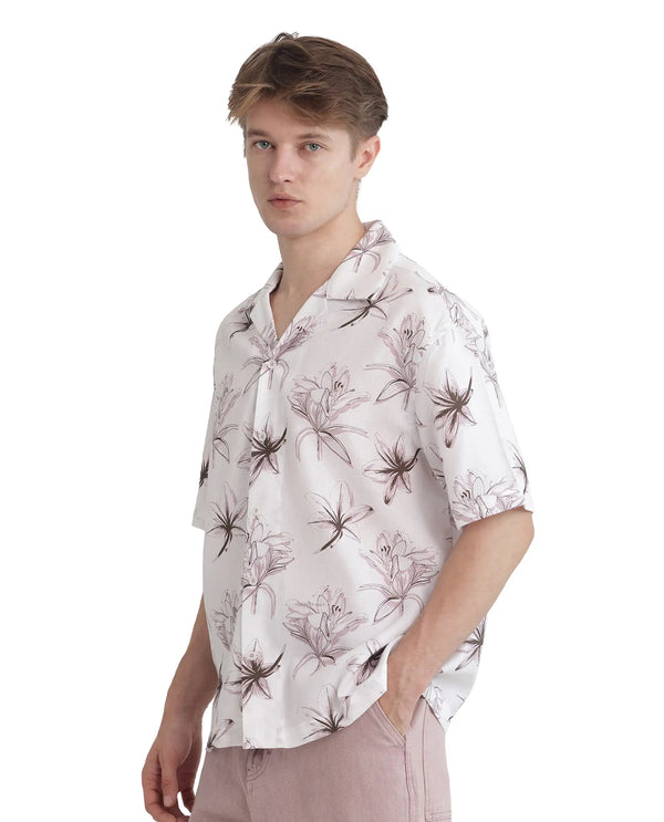 Rare Rabbit Men's Strup White Cotton Fabric Short Sleeve Cuban Collared Button Closure Floral Printed Shirt