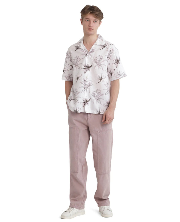 Rare Rabbit Men's Strup White Cotton Fabric Short Sleeve Cuban Collared Button Closure Floral Printed Shirt