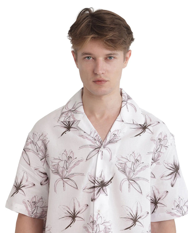 Rare Rabbit Men's Strup White Cotton Fabric Short Sleeve Cuban Collared Button Closure Floral Printed Shirt