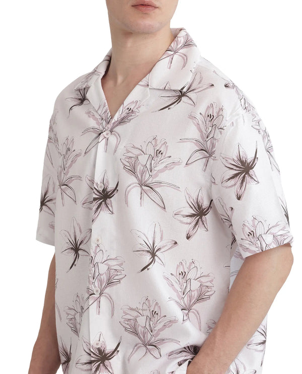 Rare Rabbit Men's Strup White Cotton Fabric Short Sleeve Cuban Collared Button Closure Floral Printed Shirt