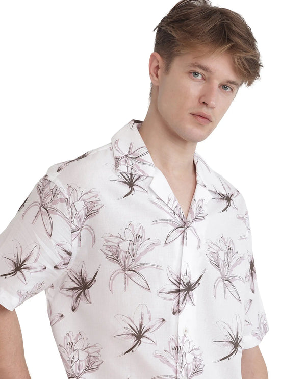 Rare Rabbit Men's Strup White Cotton Fabric Short Sleeve Cuban Collared Button Closure Floral Printed Shirt