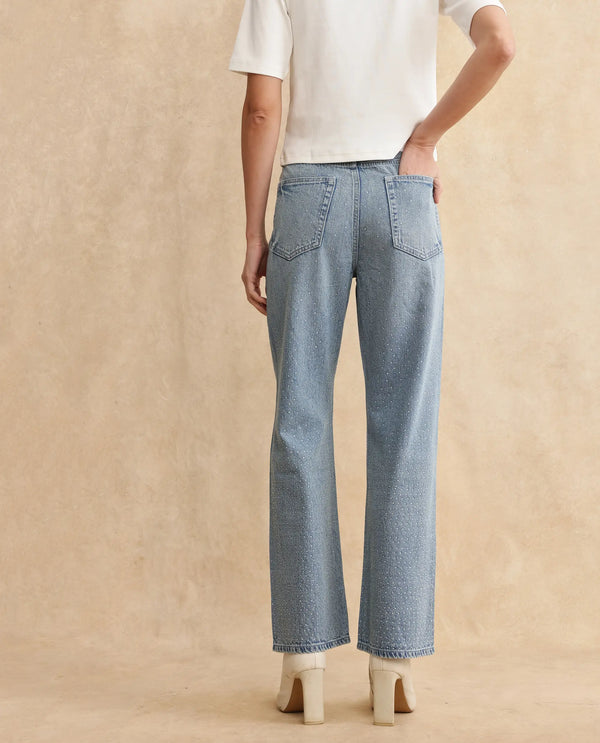 Rareism Women Study Blue Cotton Lycra Fabric Button Closure Straight Fit Ankle Length Plain Denim Pant