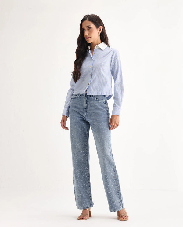 Rareism Women Study Blue Cotton Lycra Fabric Button Closure Straight Fit Ankle Length Plain Denim Pant