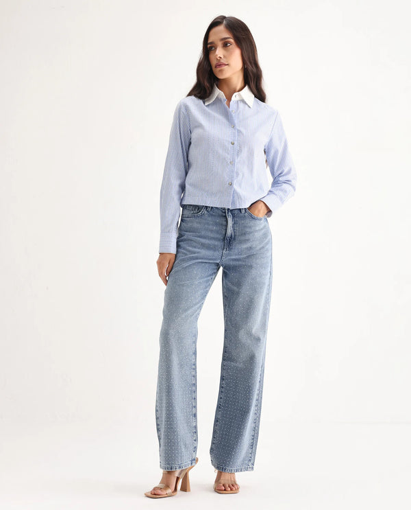 Rareism Women Study Blue Cotton Lycra Fabric Button Closure Straight Fit Ankle Length Plain Denim Pant