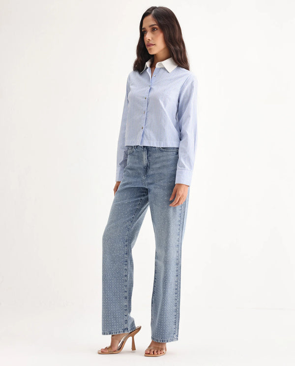 Rareism Women Study Blue Cotton Lycra Fabric Button Closure Straight Fit Ankle Length Plain Denim Pant