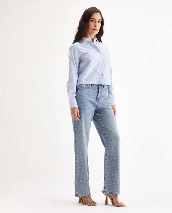 Rareism Women Study Blue Cotton Lycra Fabric Button Closure Straight Fit Ankle Length Plain Denim Pant
