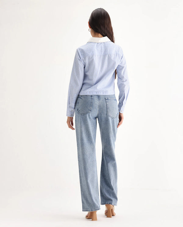 Rareism Women Study Blue Cotton Lycra Fabric Button Closure Straight Fit Ankle Length Plain Denim Pant