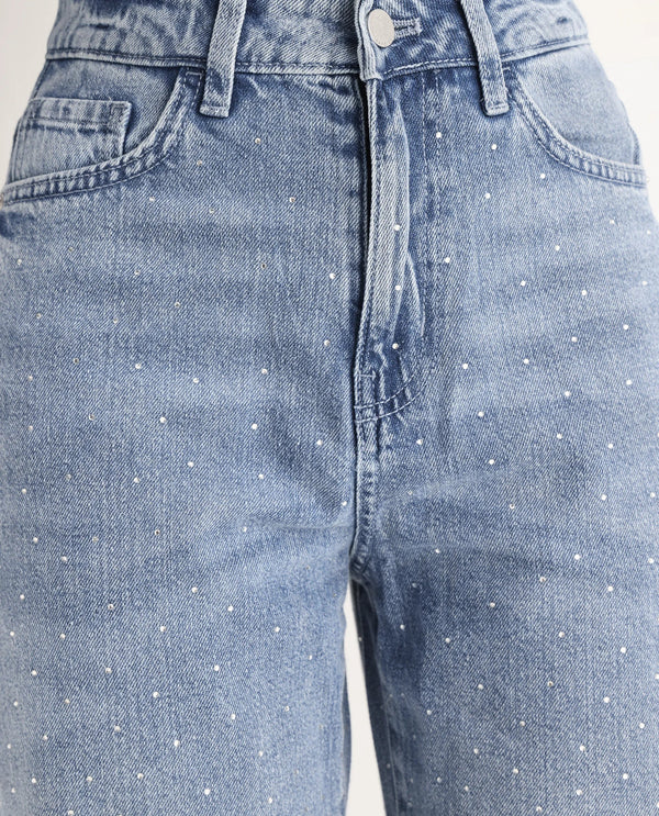 Rareism Women Study Blue Cotton Lycra Fabric Button Closure Straight Fit Ankle Length Plain Denim Pant