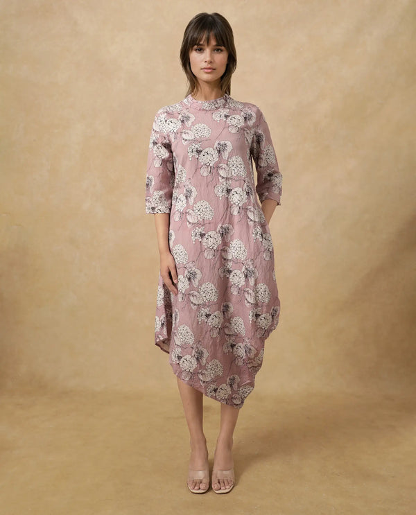 Rareism Women Sullivio Dusky Pink 3/4Th Sleeve High Neck Zipper Relaxed Fit Floral Print Midi Dress