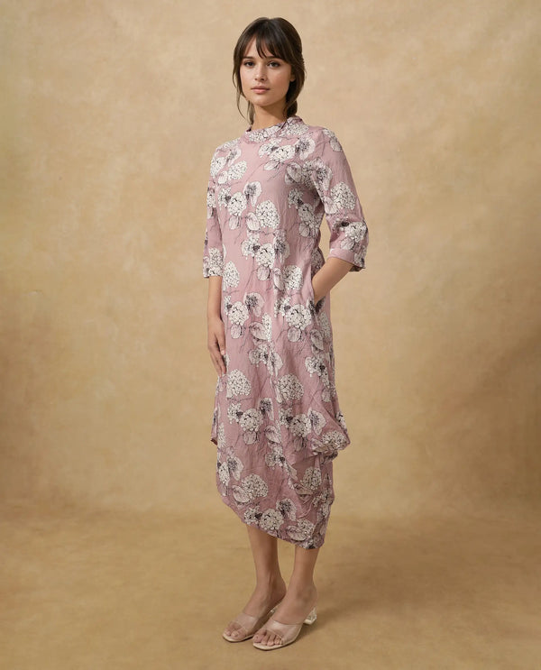 Rareism Women Sullivio Dusky Pink 3/4Th Sleeve High Neck Zipper Relaxed Fit Floral Print Midi Dress