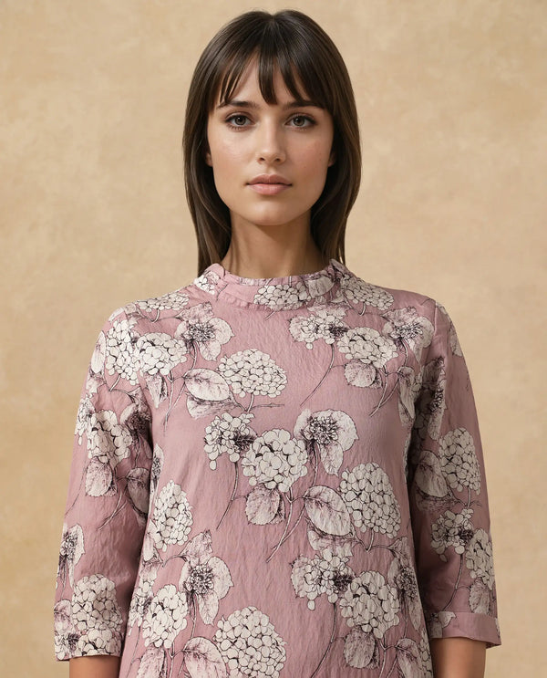 Rareism Women Sullivio Dusky Pink 3/4Th Sleeve High Neck Zipper Relaxed Fit Floral Print Midi Dress