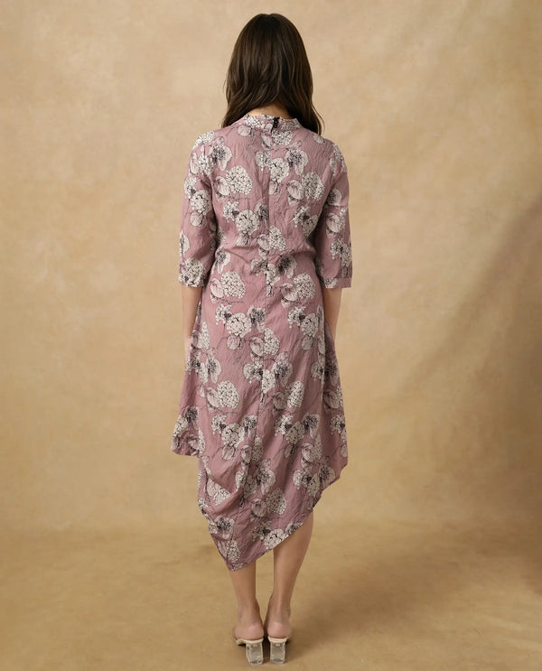 Rareism Women Sullivio Dusky Pink 3/4Th Sleeve High Neck Zipper Relaxed Fit Floral Print Midi Dress