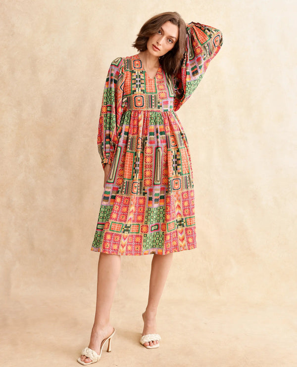 Rareism Women Sweg Multi Poly Lycra Fabric Bishop Sleeve V-Neck Button Closure Flared Midi Abstract Print Dress