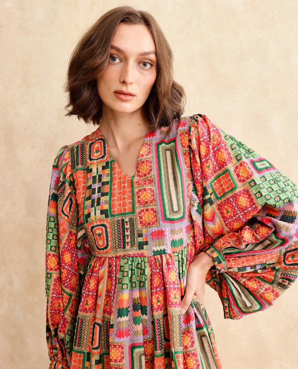 Rareism Women Sweg Multi Poly Lycra Fabric Bishop Sleeve V-Neck Button Closure Flared Midi Abstract Print Dress