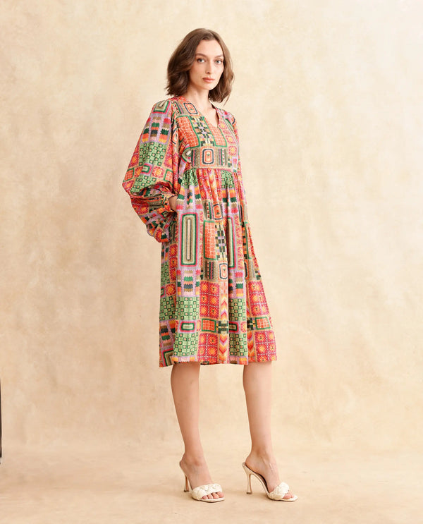 Rareism Women Sweg Multi Poly Lycra Fabric Bishop Sleeve V-Neck Button Closure Flared Midi Abstract Print Dress