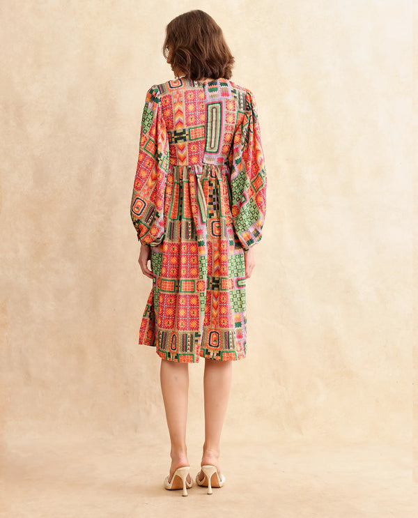 Rareism Women Sweg Multi Poly Lycra Fabric Bishop Sleeve V-Neck Button Closure Flared Midi Abstract Print Dress