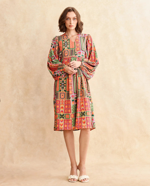 Rareism Women Sweg Multi Poly Lycra Fabric Bishop Sleeve V-Neck Button Closure Flared Midi Abstract Print Dress