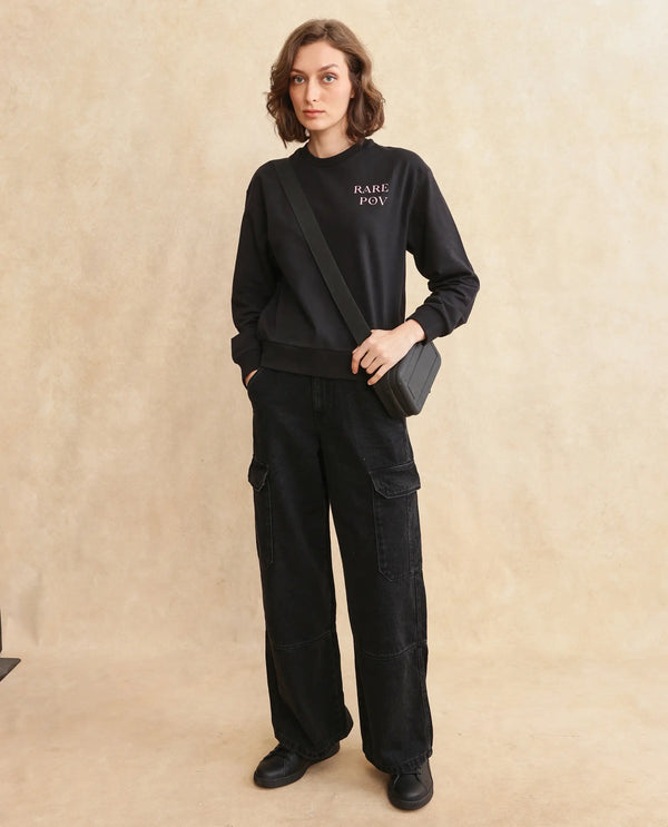 Rareism Women Swoze Primary Black Full Sleeve Sweatshirt