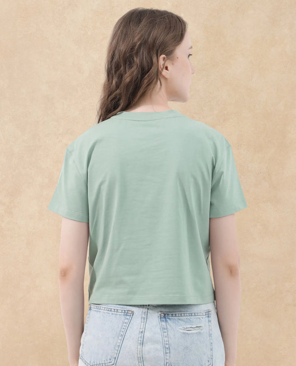 Rareism Women Sydent Green Cotton Elastane Fabric Crew Neck Knit Solid T-Shirt
