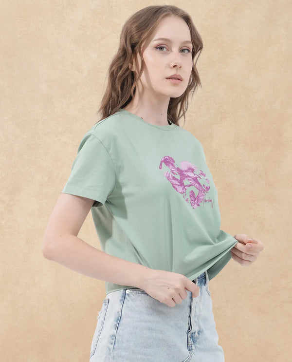 Rareism Women Sydent Green Cotton Elastane Fabric Crew Neck Knit Solid T-Shirt