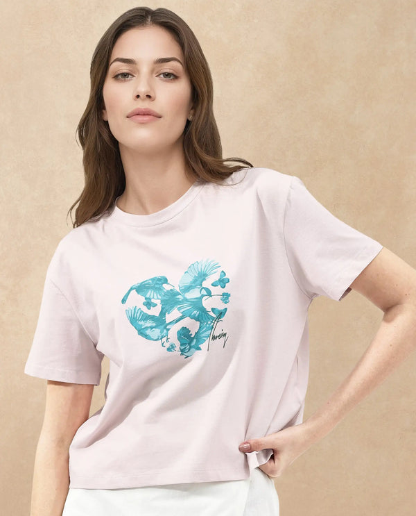 Rareism Women Sydent Pastel Pink Cotton Elastane Fabric Crew Neck Knit Solid T-Shirt
