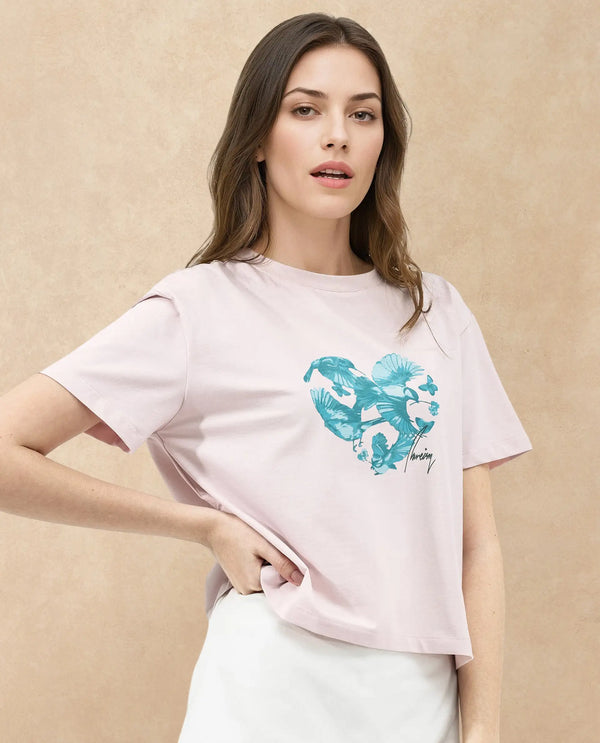 Rareism Women Sydent Pastel Pink Cotton Elastane Fabric Crew Neck Knit Solid T-Shirt