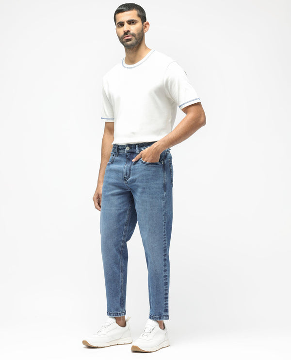 Rare Rabbit Men's Sam Dusky Blue Mid Wash Mid Rise Carrot Fit Jeans