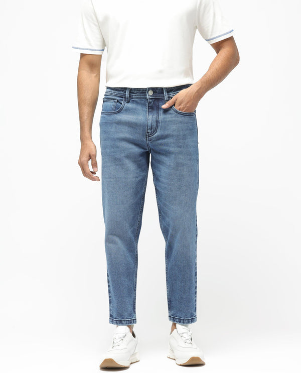 Rare Rabbit Men's Sam Dusky Blue Mid Wash Mid Rise Carrot Fit Jeans