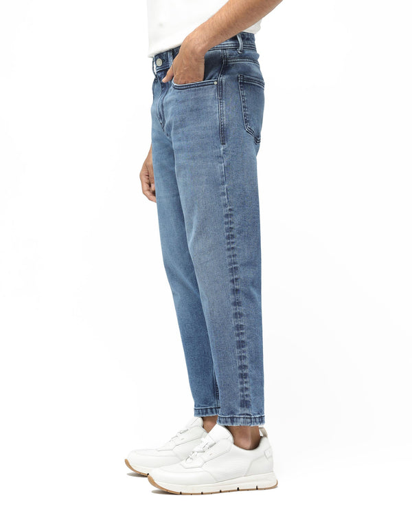 Rare Rabbit Men's Sam Dusky Blue Mid Wash Mid Rise Carrot Fit Jeans
