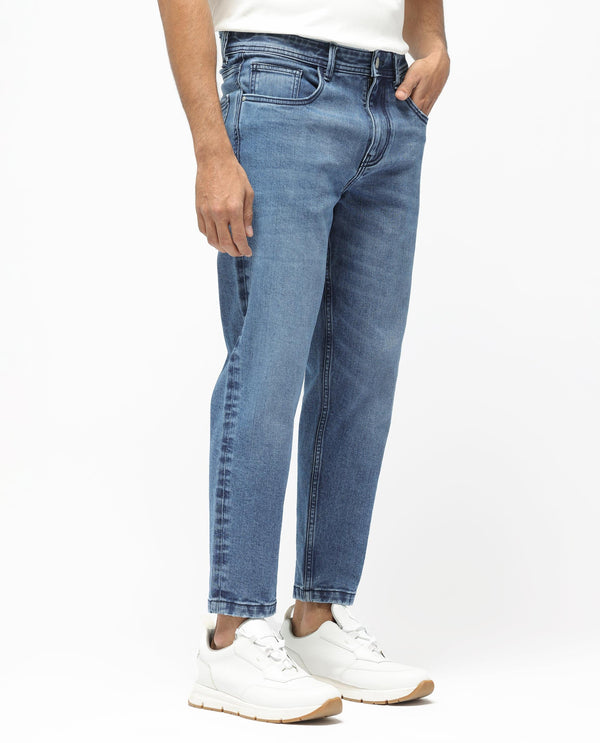 Rare Rabbit Men's Sam Dusky Blue Mid Wash Mid Rise Carrot Fit Jeans