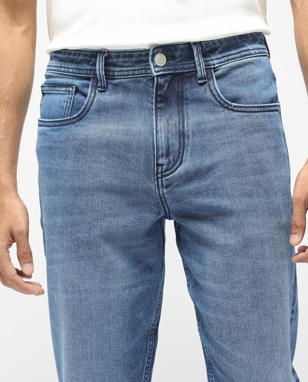 Rare Rabbit Men's Sam Dusky Blue Mid Wash Mid Rise Carrot Fit Jeans