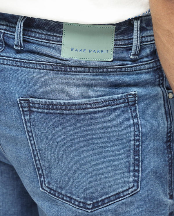 Rare Rabbit Men's Sam Dusky Blue Mid Wash Mid Rise Carrot Fit Jeans